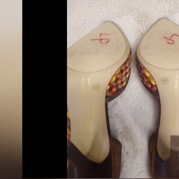 Chinese Laundry North D'Orsay Chocolate Brown Gold Orange Woven Boho Silk Heel - Picture 7 of 7
